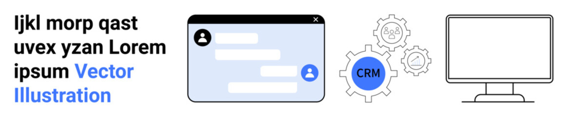 Fototapeta premium Customer management, online communication, business tools, software integration, data organization, workflow optimization. Chat interface, gears with CRM computer screen. Customer management