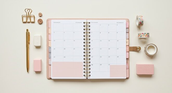 Flat lay of a pink planner with gold stationery and decorative tape