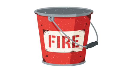 Red metal fire bucket with handle and label reading FIRE