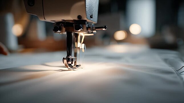 Sewing Machine Stitching Fabric Closeup.