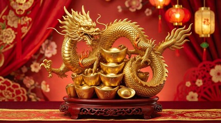Fototapeta premium Golden dragon coiled around gold ingots, glossy metallic texture, red festival background, soft studio lighting, ultra detailed, minimalist