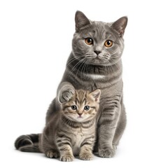 Obraz premium Close Up Portrait of a British shorthair Mother Cat and Her Cute Tabby Kitten