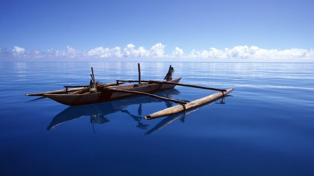 outriggers. A traditional Polynesian canoe with outriggers on a calm blue sea. tourism brochures, itinerary planners, designed for travel destination branding, used by travel agents.
