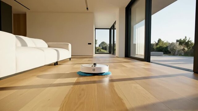 Smart robotic vacuum cleaner mops and cleans wooden floor in modern living room