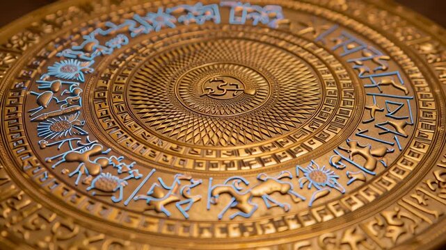 Majestic stairway to heaven with angelic figures concept. Ancient bronze circular artifact with intricate carvings and symbolic patterns from historical culture