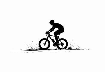 Dynamic Silhouette of a Cyclist in Motion on a Minimalistic Red Bicycle Against a Stark White Background with Grass Details