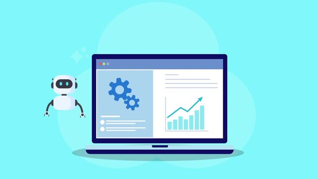 Animated AI robot standing beside laptop displaying business analytics dashboard with gear icon and rising bar chart. Concept of automation, artificial intelligence, KPI monitoring, and digital growth
