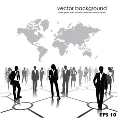 Global Business Network Background. Vector Illustration of Professional Silhouettes Standing on a Grid Connection with a Grey World Map Background