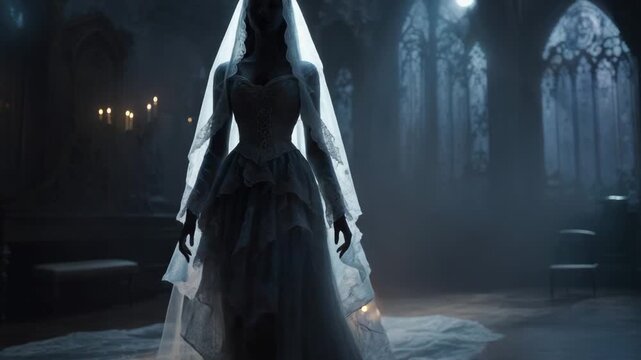 Bride standing in gothic interior with veil and soft lighting  