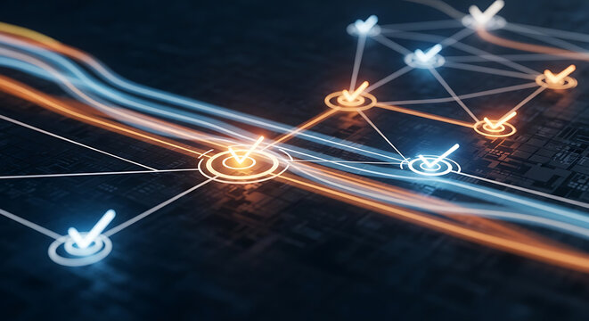 Network connections and data transfer visualized through glowing lines and nodes on a dark surface, depicted from a top-down viewpoint