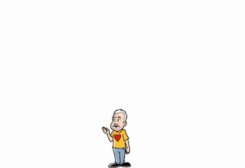 Fototapeta premium Whimsical Cartoon Man with Gray Hair and Heart Shirt Greeting Enthusiastically against Minimalist White Background