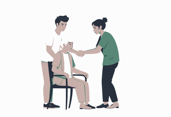 Fototapeta premium Caring interaction between two young adults and an elderly man seated in a chair, demonstrating compassion and support in a warm, nurturing environment