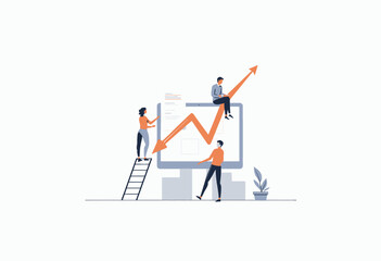 Illustration of Business Growth with Team Discussing on Computer Screen Displaying an Upward Trend and Rising Sales Chart