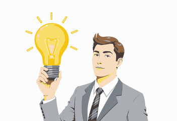 Businessman Holding Illuminated Light Bulb Symbolizing Creative Idea and Innovation in Professional Suit and Tie Setting Illustration