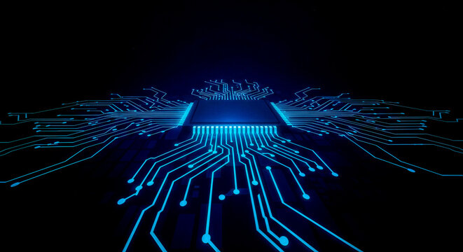 blue circuit board technology background digital futuristic cpu processor glowing lines data transfer internet connection electronic hardware microchip motherboard information cyber security