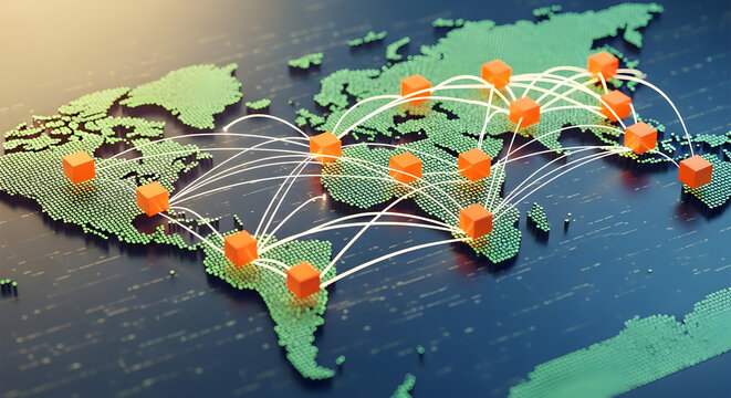 Global Supply Chain Network Concept with Glowing Connection Lines on Digital World Map