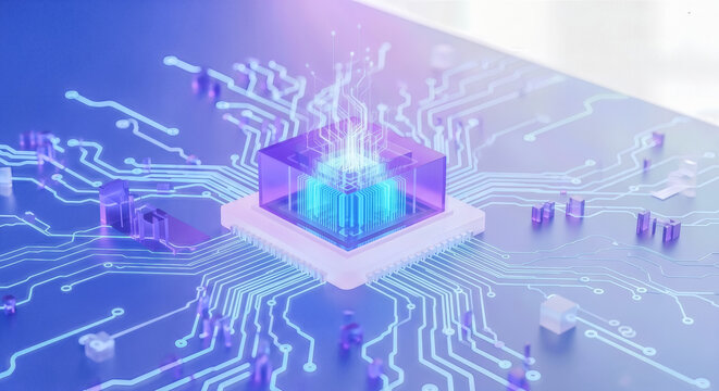 Futuristic microchip processor on circuit board with glowing neon blue and purple light lines symbolizing artificial intelligence technology and high speed computing data