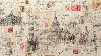 Naklejka premium Antique sepia collage of handwritten script, postal stamps and architectural sketches of european streets and monuments on weathered paper, evoking travel and heritage