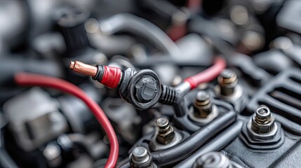 Obraz premium Close Up of Electrical Connection in a Car Engine Featuring Red and Black Wires and Metal Components for Automotive Applications