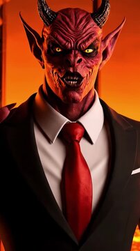 Powerful demonic businessman suit menacing expressions stands office overlooking fiery hellscape