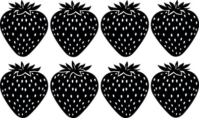 Strawberry silhouette collection with multiple ripe berry icons, black fruit shapes with seeds isolated on white background, fresh food vector illustration set © MdMojibar