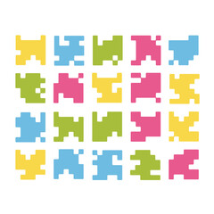 Naklejka premium Abstract pixel block collection and digital geometric element set. Vibrant flat vector graphics for retro gaming interfaces, tech-themed branding, and coding backgrounds.