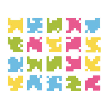 Abstract pixel block collection and digital geometric element set. Vibrant flat vector graphics for retro gaming interfaces, tech-themed branding, and coding backgrounds.