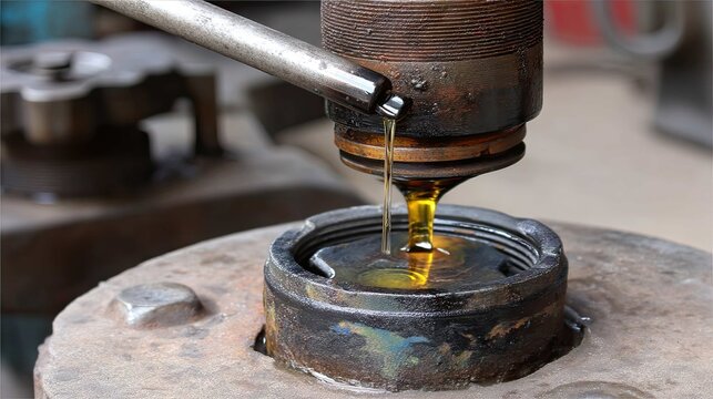 Close-Up of Liquid Metal Dripping from a Nozzle in an Industrial Workshop with Tools and Machinery in the Background