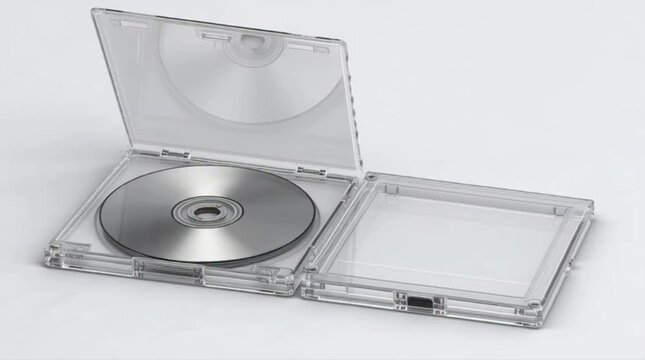 Compact Disc in Open Transparent Plastic Case on White Background