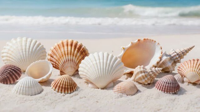 Various seashells are arranged on a sandy beach with gentle ocean waves in the background.