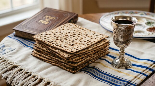 Passover Seder Plate with Matzah and Kiddush Cup on Tablecloth