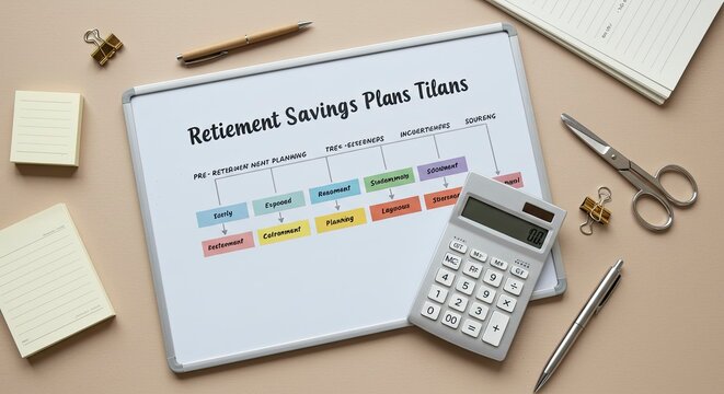 Retirement Savings Plan Flowchart with Calculator and Stationery