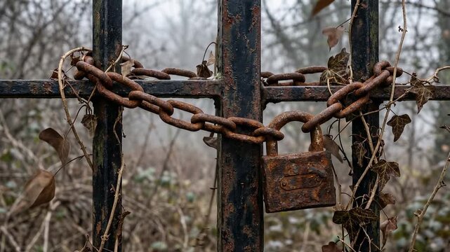 An old metal gate is secured with a heavy chain and padlock. Surrounding areas show overgrown foliage and fog, providing a rustic and abandoned appearance