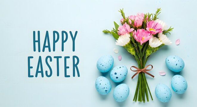Happy easter wishes with beautiful flowers and blue easter eggs
