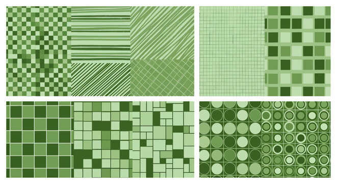 Four green patterned backgrounds with geometric shapes silhouette