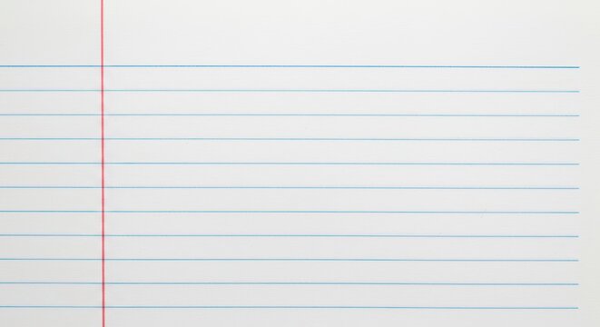 Crisp, blank sheet of ruled notebook paper featuring standard blue horizontal lines and a clear vertical red margin line, education, background, study