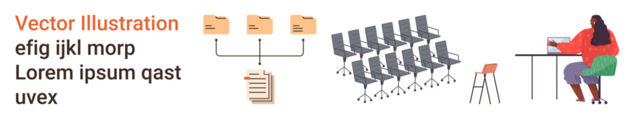 Business management, office communication, remote work, productivity tools, team collaboration, file organization. Digital file sharing, office chairs and person working at a desk. Business