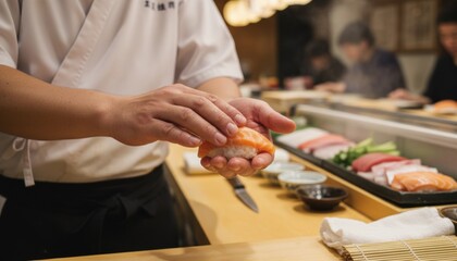 Obraz premium Up the hand in front of the board holding sushi at a full-fledged sushi restaurant/本格的な寿司屋で寿司を握る板前の手元アップ