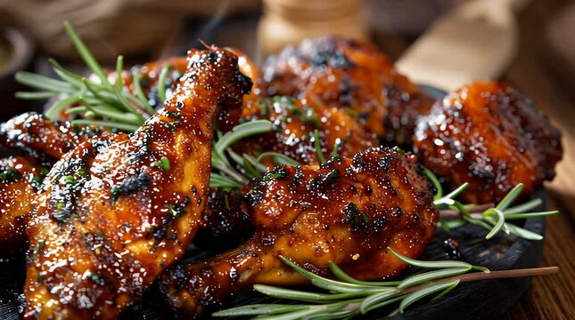 Grilled Chicken Wings with Rosemary Garnish.