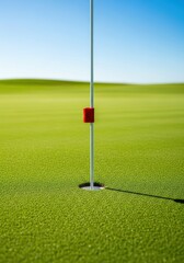 Obraz premium Perfectly manicured golf green with a visible hole and flagstick on a sunny day, ready for putting, accuracy, smooth, target