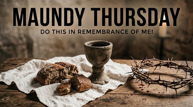 Maundy Thursday Communion with Bread and Chalice on Wooden Table