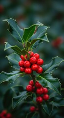 Obraz premium Vibrant red holly berries clustered tightly among deep green, sharp foliage, captured outdoors in a cool, crisp natural winter setting, nature, woods, holly