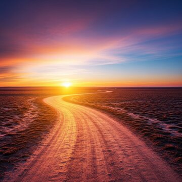 Sunlight breaks over a rolling landscape, illuminating a winding dirt path leading toward a bright, open horizon and a future full of possibility, potential, winding, Sunlight