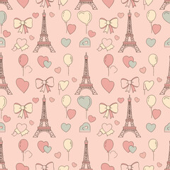 Seamless Pattern of Pink Eiffel Towers and Hearts Background