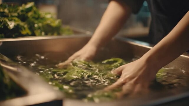 Embracing the essence of cleanliness and freshness, skilled hands meticulously prepare vibrant greens, essential for healthy eating and culinary purity