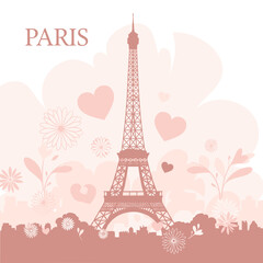Fototapeta premium Romantic Pink Eiffel Tower Illustration with Floral Background