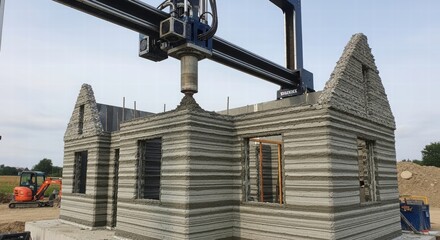 3D Printed Home Construction: A state-of-the-art 3D printer meticulously constructs the walls of a modern dwelling.