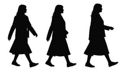 Three silhouetted women walking in different poses against a white background