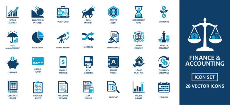 Finance and Accounting solid icon set featuring stock market, portfolio, and tax filing business icons