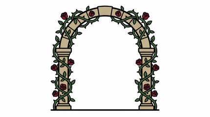 Elegant stone archway adorned with climbing red roses and green vines, perfect for garden designs and romantic event invitations